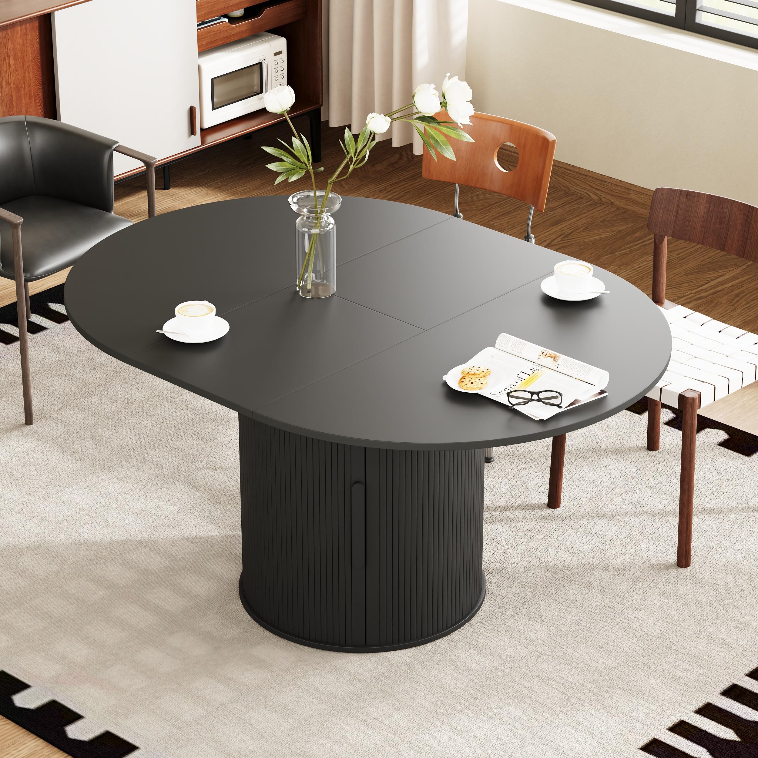 weselon 43"-59" Extendable Round to Oval Dining Table with Hidden Storage, Modern Wooden Kitchen Table with Fluted Sliding Door Cabinet, Expandable Dinner Table for Dining Room Living Room (Black)