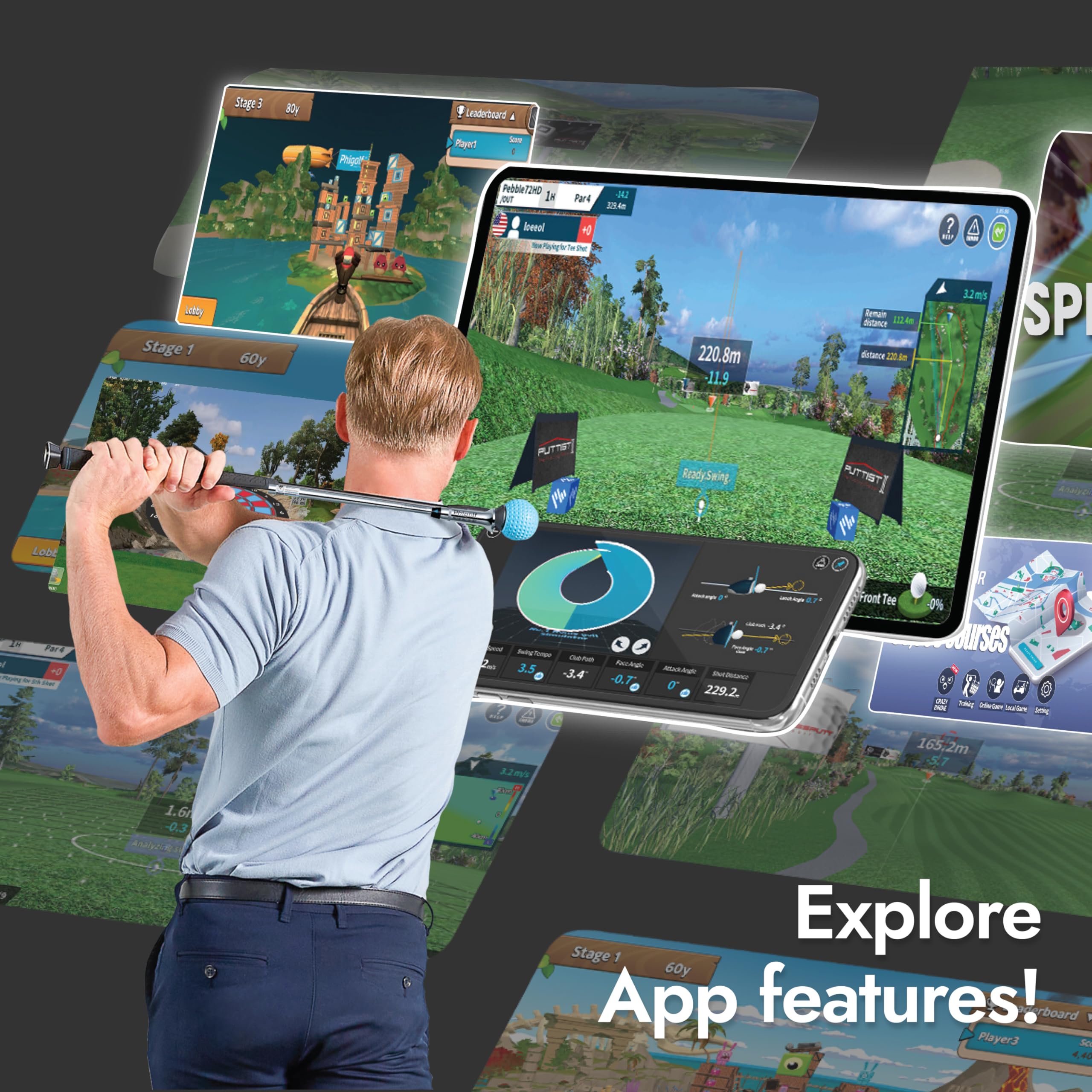 PHIGOLF Phigolf2 Golf Simulator with Swing Stick for Indoor & Outdoor Use, Golf Swing Trainer with Upgraded Motion Sensor & 3D Swing Analysis, Compatible E6 Connect APP, Works with Smartdevices