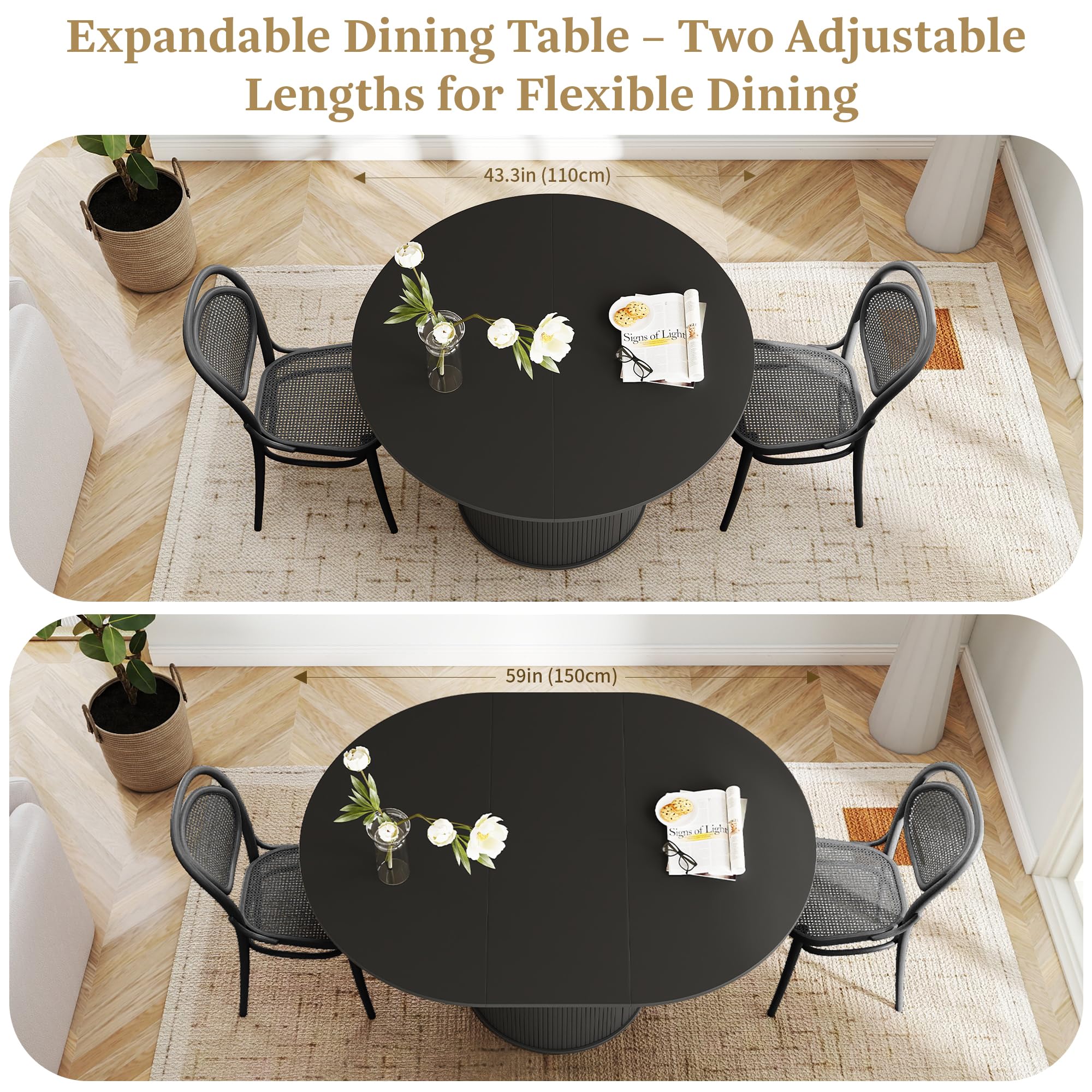 weselon 43"-59" Extendable Round to Oval Dining Table with Hidden Storage, Modern Wooden Kitchen Table with Fluted Sliding Door Cabinet, Expandable Dinner Table for Dining Room Living Room (Black)
