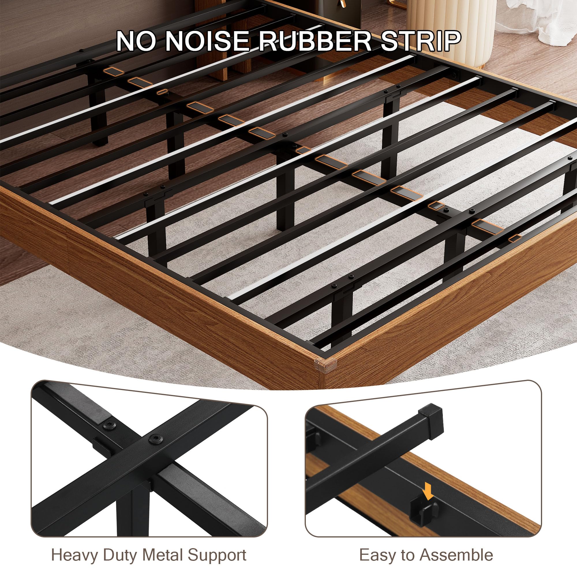 Einhomn Bed Frame Queen Size with LED Lights & Charging Station – Kids Wood Floating Queen Bed Frame with Storage Headboard, Adhesive Slats, Kick-Free & Noise-Free Design, Easy Assembly, Walnut