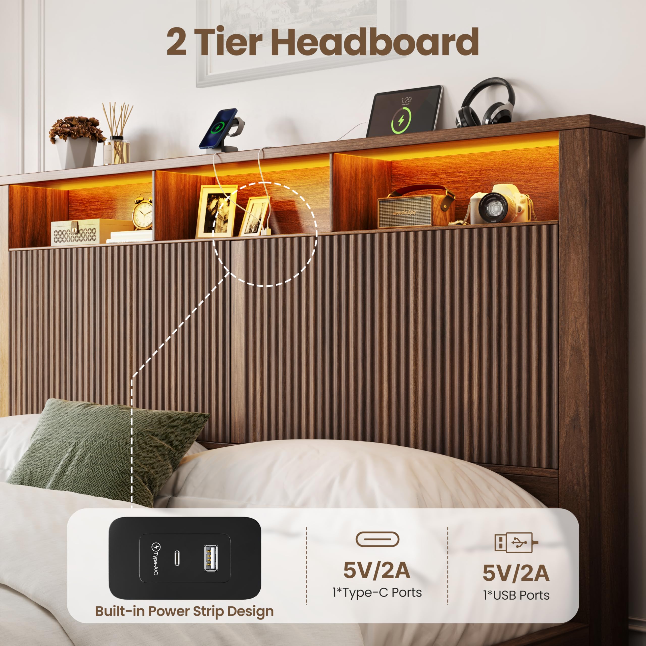 CypBed Queen Size Bed Frame with Headboard and Storage Drawers, Queen Bed Frame with LED Light and Charging Port, Farmhouse Wavy Wood Design, Wood & Metal Platform, Noise-Free, No Box Spring Needed