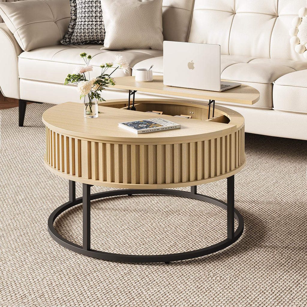 Curlaky Round Coffee Table with Lift Top - Fluted Wood Center Coffee Tables for Living Room, Lifting Up for Dining, Large Hidden Circle Storage Compartment for Small Spaces, Mid Century Modern