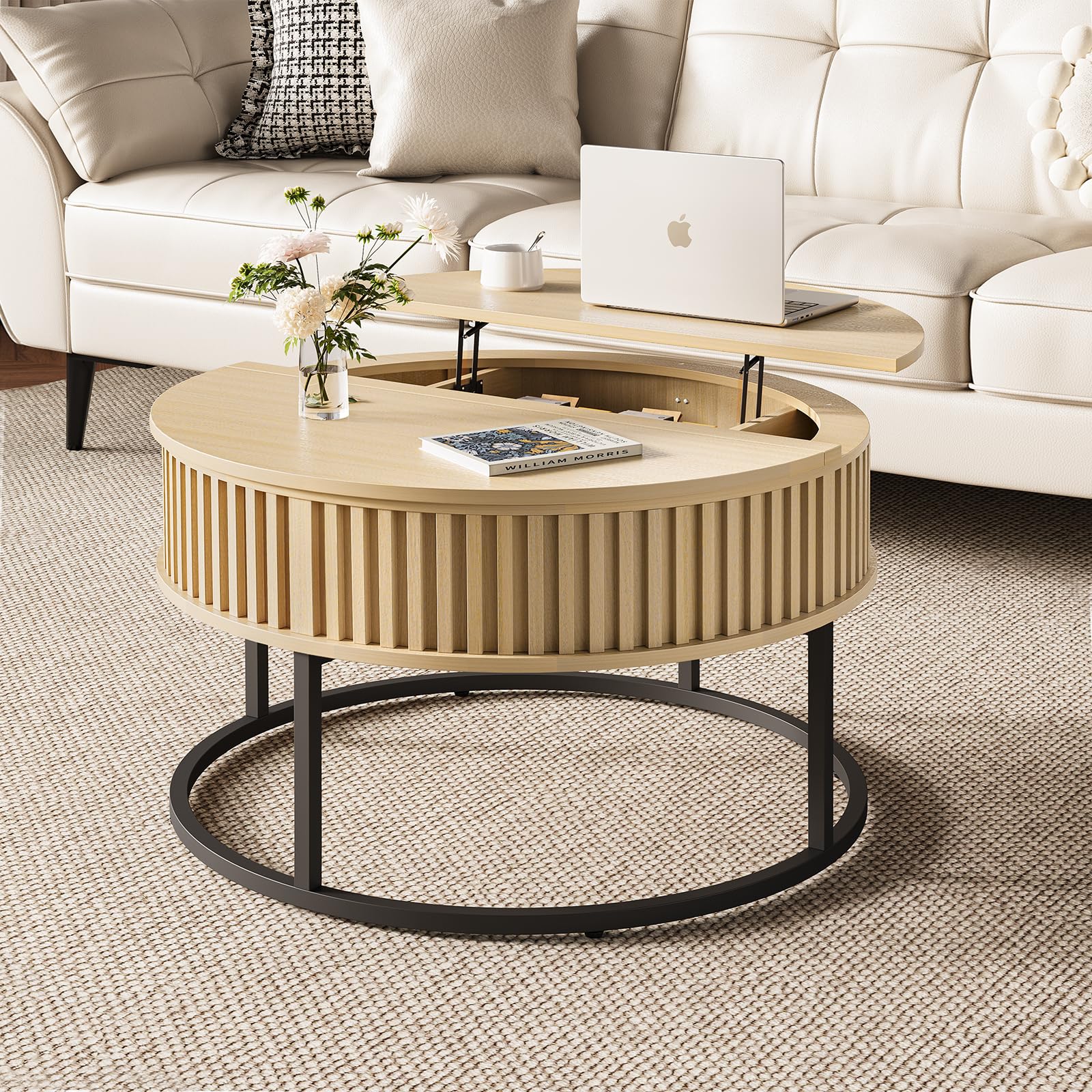 Curlaky Round Coffee Table with Lift Top - Fluted Wood Center Coffee Tables for Living Room, Lifting Up for Dining, Large Hidden Circle Storage Compartment for Small Spaces, Mid Century Modern