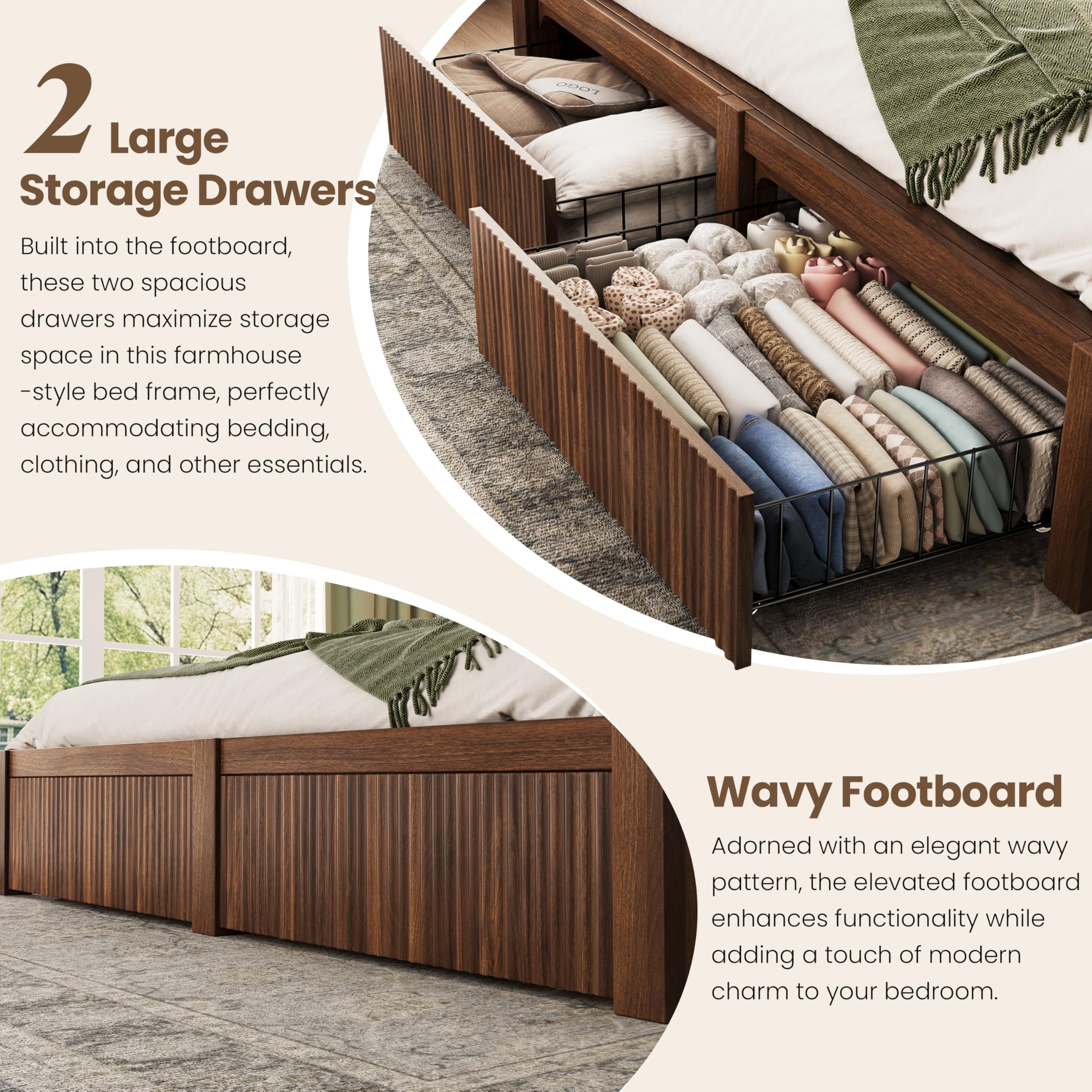 CypBed Queen Size Bed Frame with Headboard and Storage Drawers, Queen Bed Frame with LED Light and Charging Port, Farmhouse Wavy Wood Design, Wood & Metal Platform, Noise-Free, No Box Spring Needed