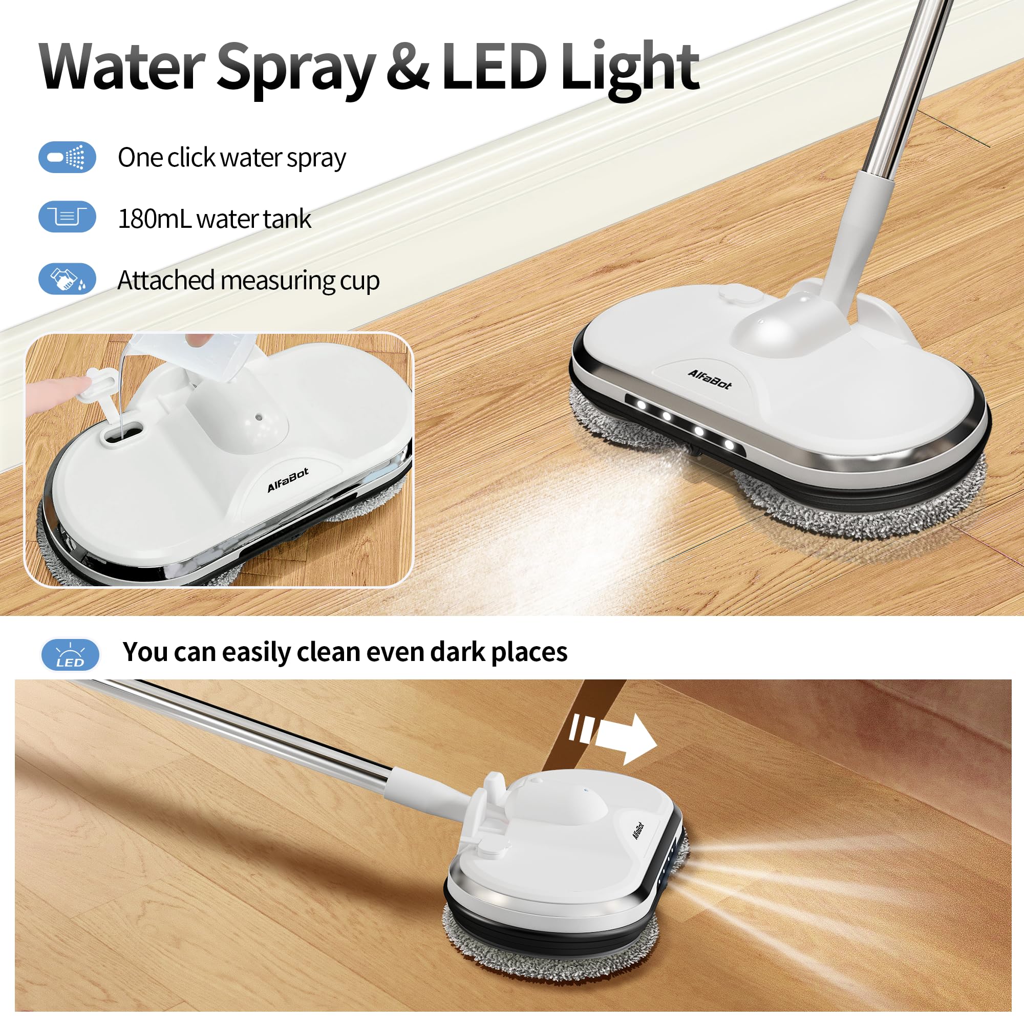 Cordless Electric Mop, WS24 Cordless Spin Mop for Floor Cleaning, Lightweight & Rechargeable Floor Cleaner with Water Sprayer and LED Headlight for Hardwood and Tile Floors, White