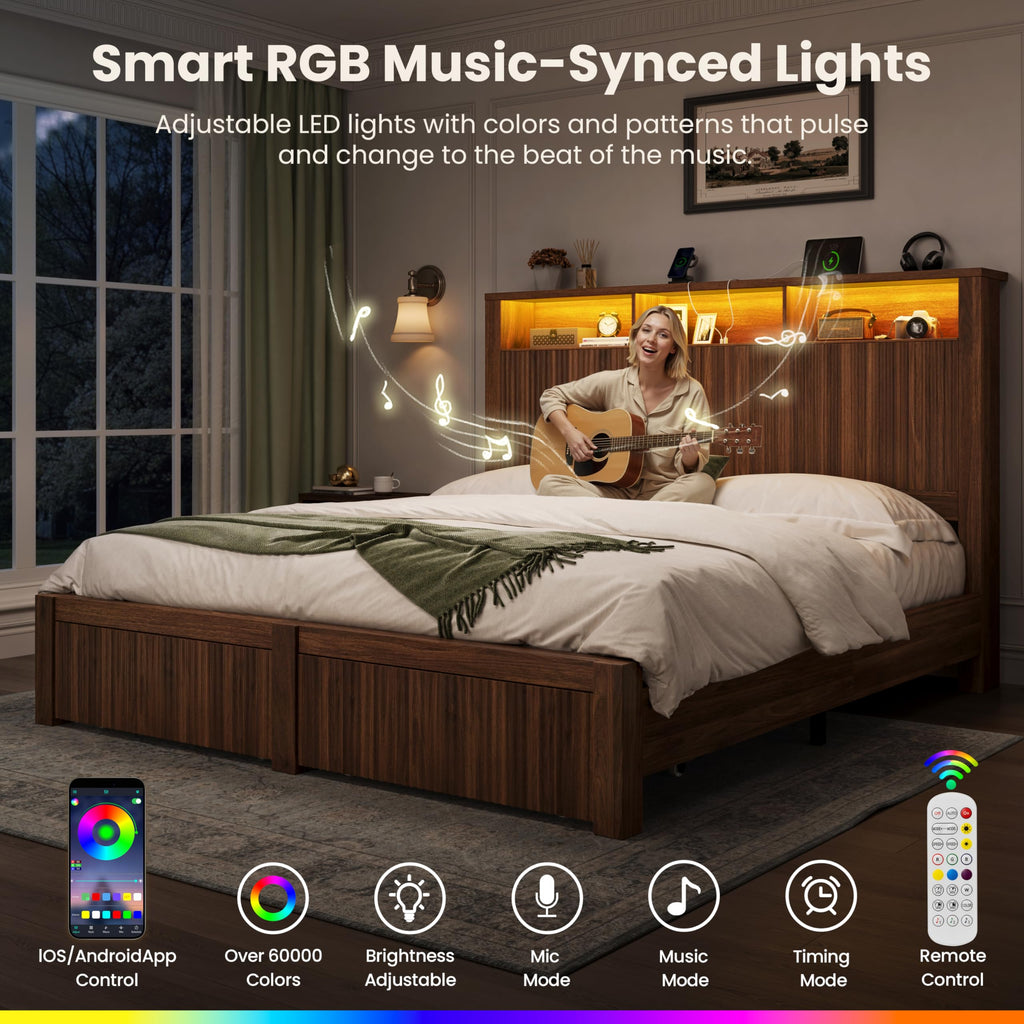 CypBed Queen Size Bed Frame with Headboard and Storage Drawers, Queen Bed Frame with LED Light and Charging Port, Farmhouse Wavy Wood Design, Wood & Metal Platform, Noise-Free, No Box Spring Needed