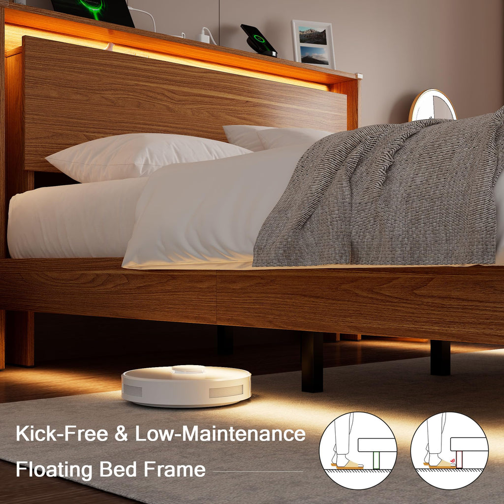 Einhomn Bed Frame Queen Size with LED Lights & Charging Station – Kids Wood Floating Queen Bed Frame with Storage Headboard, Adhesive Slats, Kick-Free & Noise-Free Design, Easy Assembly, Walnut