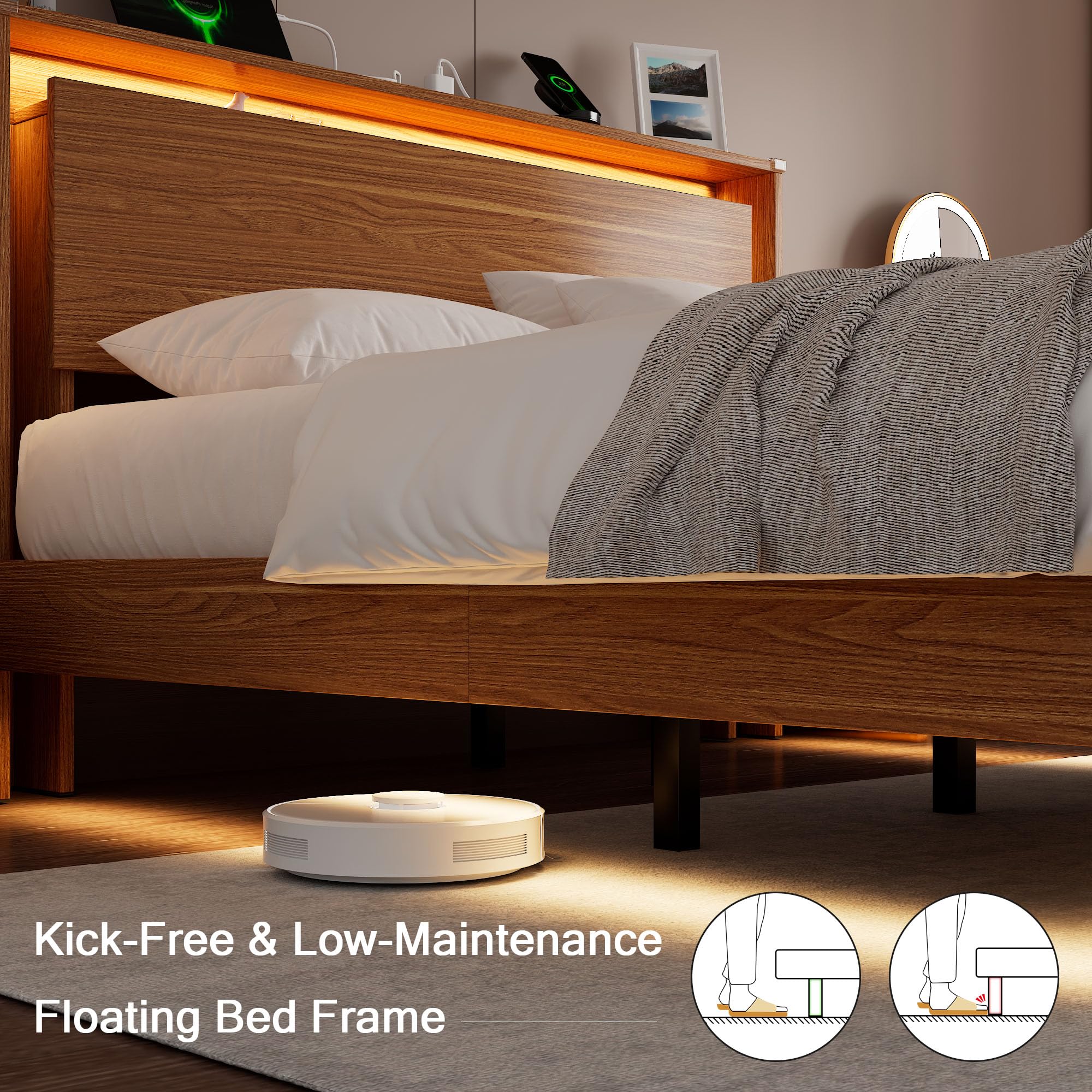 Einhomn Bed Frame Queen Size with LED Lights & Charging Station – Kids Wood Floating Queen Bed Frame with Storage Headboard, Adhesive Slats, Kick-Free & Noise-Free Design, Easy Assembly, Walnut