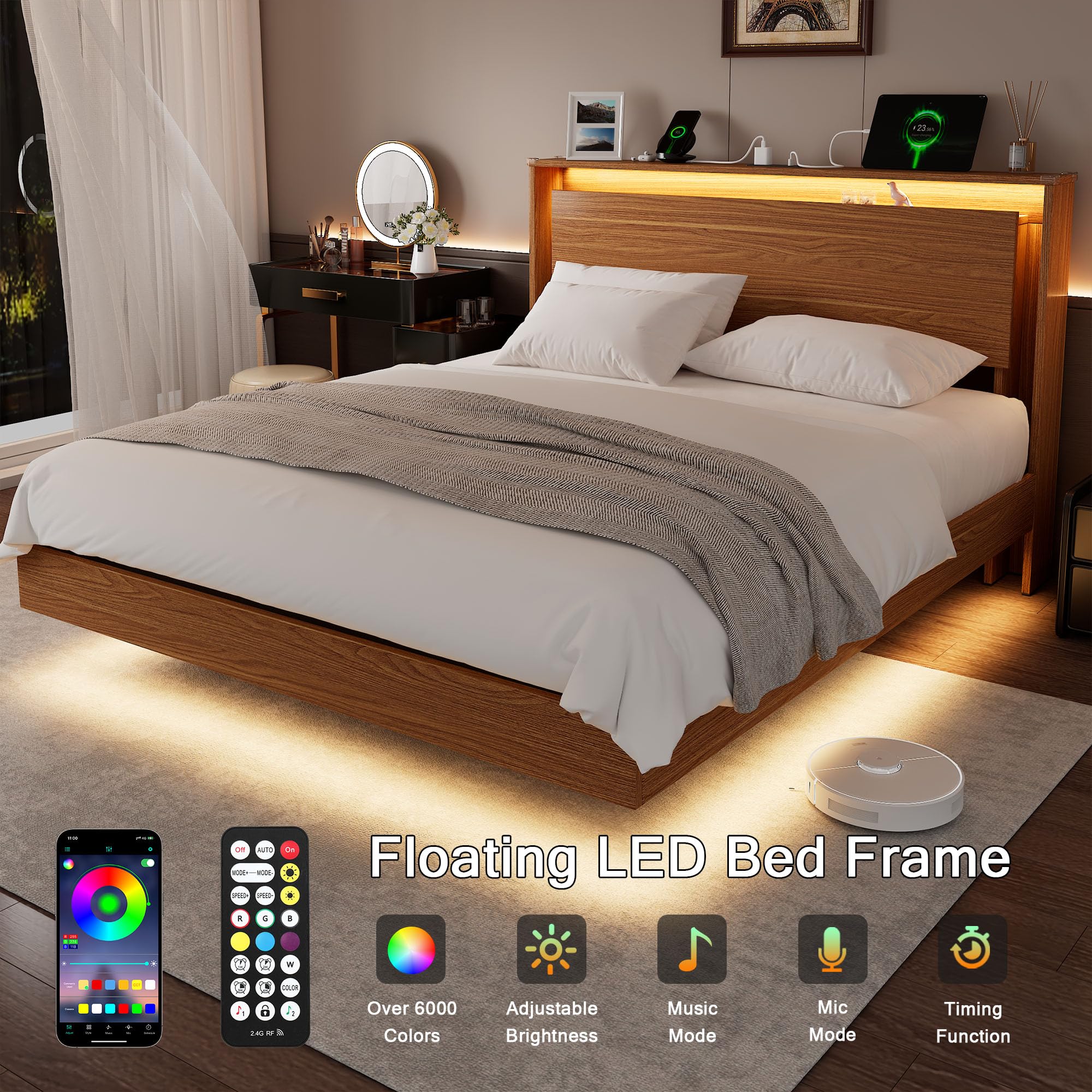 Einhomn Bed Frame Queen Size with LED Lights & Charging Station – Kids Wood Floating Queen Bed Frame with Storage Headboard, Adhesive Slats, Kick-Free & Noise-Free Design, Easy Assembly, Walnut